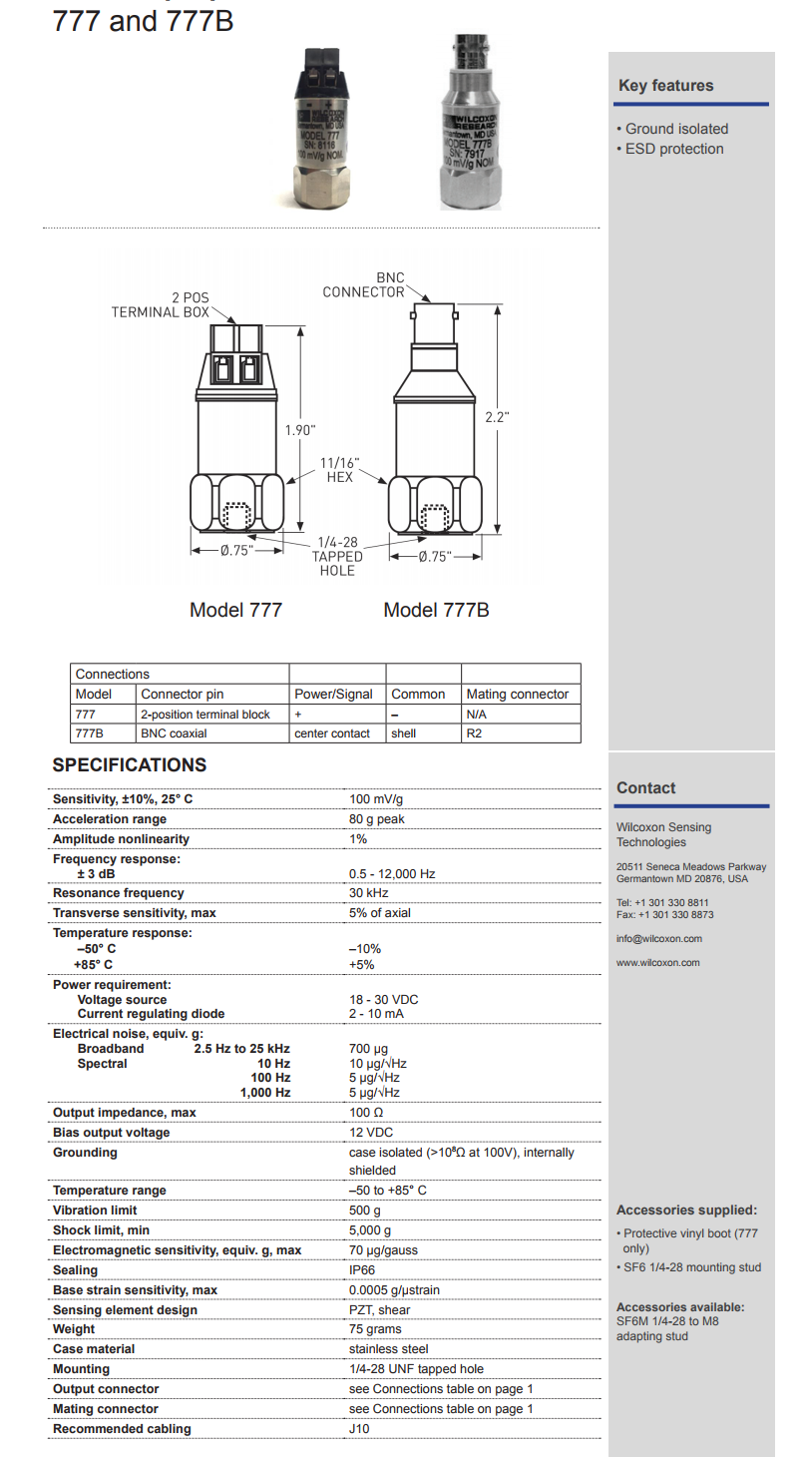 威爾康森通用加速度振動計777B型技術參數(shù)
