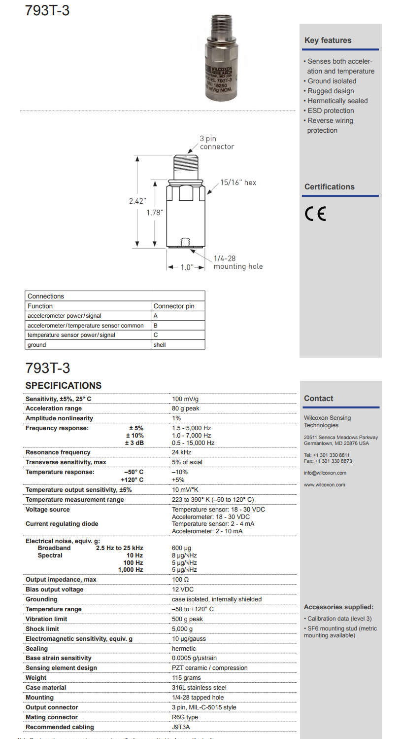 威爾康森高級雙輸出振動傳感器793T-3型技術參數