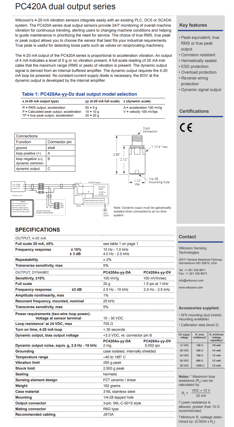 威爾康森帶有動態(tài)振動輸出的4-20mA回路供電振動傳感器PC420AP-05-DA型技術(shù)參數(shù)