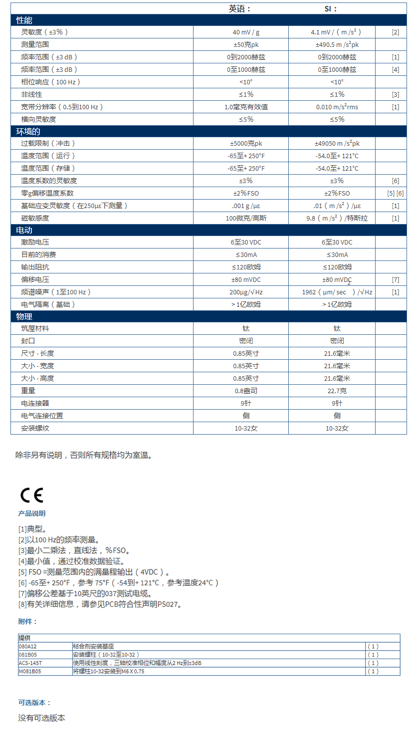 美***進口PCB三軸加速度振動傳感器3713E1150G型技術參數